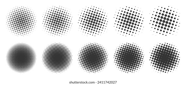 Circle black halftone vector design elements in white background set