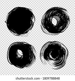 Trazos de textura abstractos de tinta negra circular sobre fondo transparente de imitación