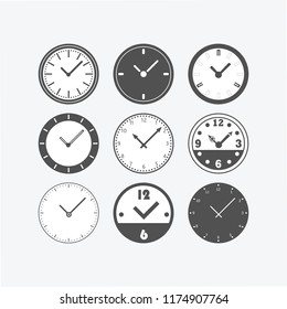 Circle black isolated flat classic clock and watch face icons set on light gray background