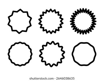 Circle black lined borders. Curve edge thin frames. Wavy simple circles. Minimal round frames. Graphic doodle illustration. Geometric line design pattern. Editable stroke icons.