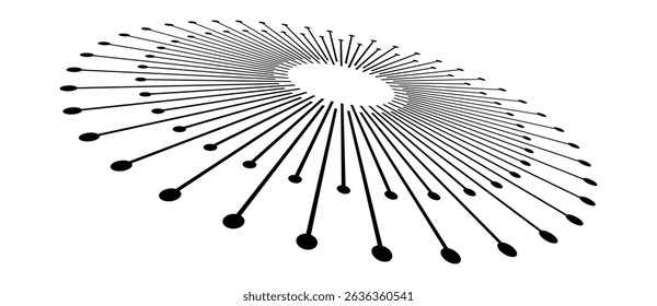 Circle with black lines and dots as dynamic logo or icon, design element. Abstract background with pins in circle. Artistic illustration with perspective on white background.