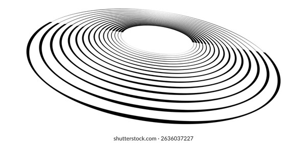 Circle with black lines as dynamic abstract vector background or logo or icon. Artistic illustration with perspective on white background.
