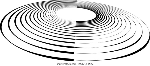 Circle with black lines as dynamic abstract vector background or logo or icon. Artistic illustration with perspective on white background.