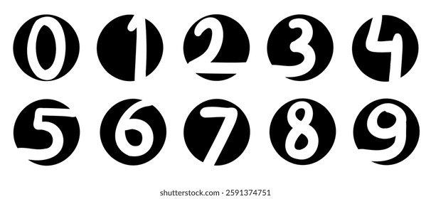 Circle black mathematical digits from 0 to 9 font collection set. Vector illustration in hand drawn doodle style isolated on white background. For birthday, learning, card, logo, sales, decorating.