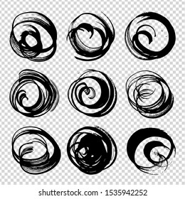 Circle black textured smears isolated on imitation transparent background