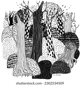 Circle Black and white forest landscape. Trees. Eco theme. Pattern for coloring book. Hand-drawn, ethnic, retro, doodle, vector, zentangle vector.