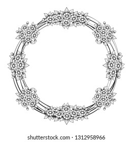 Circle black and white frame with daisy flower patterns isolated on white background