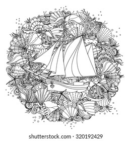 Circle black and white  ornament of seashells, starfish, seaweed with sailboat, could be used for coloring book,  in zentangle style. 