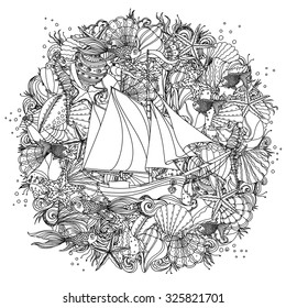 Circle black and white  ornament of seashells, starfish, seaweed with sailboat, could be use  for coloring book  in zentangle style. 