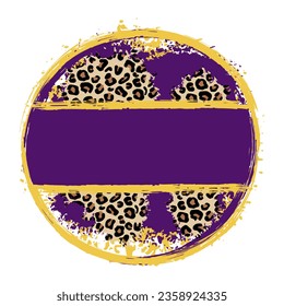 Circle blank design with leopard bleach and paint splashes in purple and gold colors