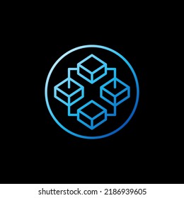 Circle with Blockchain Technology and 4 Blocks vector concept blue line icon or logo element on dark background