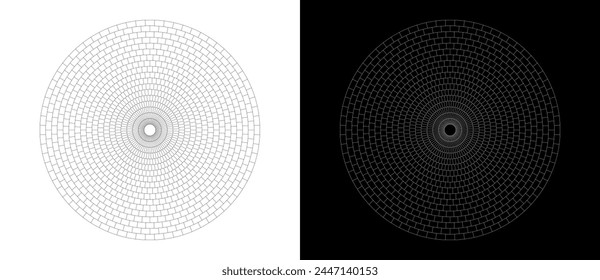 Circle with blocks or rectangles. Art lines geometry background, logo or icon. Black shape on a white background and the same white shape on the black side.
