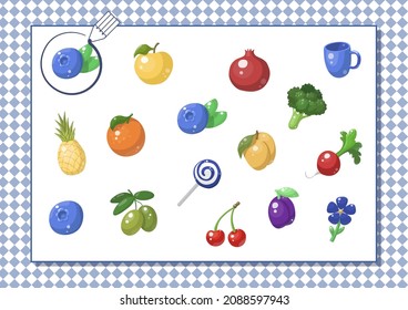 Circle blue color. Kindergarten worksheet to help children strengthen his visual discrimination skills. Different food