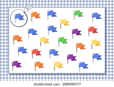 Circle blue color. Kindergarten worksheet to help children strengthen his visual discrimination skills. Cute cartoon flag