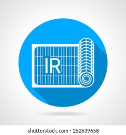 Circle blue flat vector icon with white contour rolled grid for underfloor heating on gray background. Long shadow design.