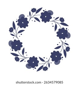 Um círculo de flores e folhas azuis. A composição da imagem é uma coroa floral redonda colocada sobre um fundo branco.