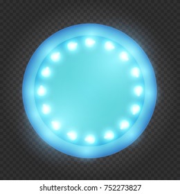 Circle blue frame, box, banner or border with shining lights bulbs in vintage retro style on transparent background. Realistic 3d vector illustration.