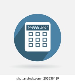 Circle blue icon with shadow. calculator. office sign