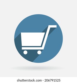 Circle blue icon with shadow, cart online store, Internet shop. basket shopping