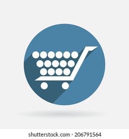 Circle blue icon with shadow, cart online store, Internet shop. basket shopping
