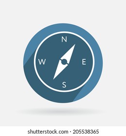 Circle blue icon with shadow. compass sign. colored button