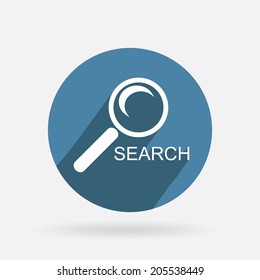 Circle blue icon with shadow. magnifier search