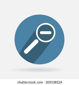 Circle blue icon with shadow. magnifier reduction
