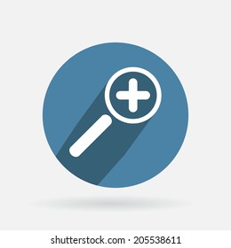 Circle blue icon with shadow. magnifier increase