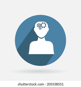Circle blue icon with shadow, man thinks, the gears in head