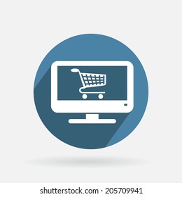 Circle blue icon with shadow. notebook with symbol shopping cart, shopping in Internet-shop