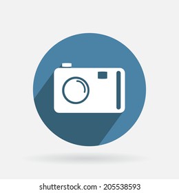 Circle blue icon with shadow. photo camera
