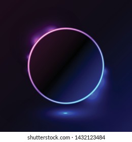 Circle blue pink neon round frame on dark background