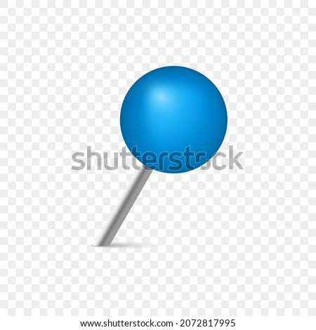 Circle Blue Push Pin with Needle. Plastic Pushpin for Notice Board and Attach Paper on Wall. Office Thumbtacks on Transparent Background. Isolated Vector Illustration.