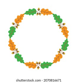 Circle border with autumn leaves isolated on white background. Vector illustration. Flat design element for booklet, poster, banner, greeting card, photo frame.