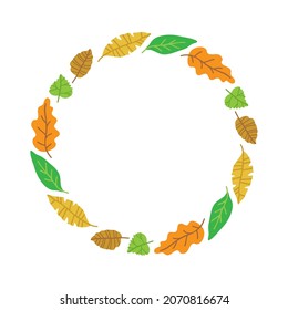 Circle border with autumn leaves isolated on white background. Vector illustration. Flat design element for booklet, poster, banner, greeting card, photo frame.