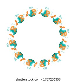 Circle border with blue whale.  Flat design. Vector illustration. Design element for greeting cart, poster, leaflet.