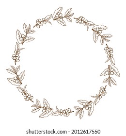 Circle border with coffee branches isolated in white background. Design elements for labels or stickers.