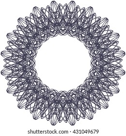 Circle border frame with delicate guilloche lace contour isolated on white (transparent) background. Space for invitations, promotional poster or greeting cards text. Vector illustration eps
