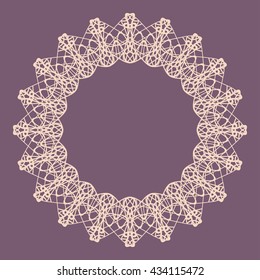 Circle border frame with delicate guilloche lace contour doily isolated on lavender background. Space for invitations, promotional poster or greeting cards text. Vector illustration eps
