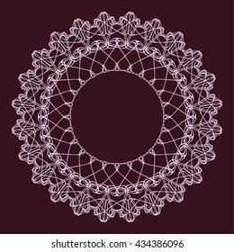 Circle border frame with delicate guilloche lace contour doily isolated on dark background. Space for invitations, promotional poster or greeting cards text. Vector illustration eps