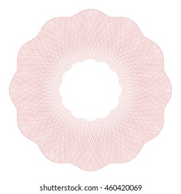 Circle border frame, delicate pink guilloche rosette lace contour isolated on white (transparent) background. Space for invitations, promotional poster, greeting cards text. Vector illustration eps
