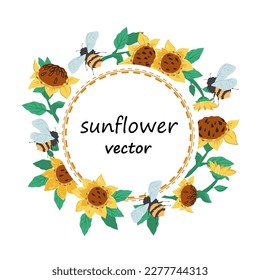 Circle Ränder- oder Rahmendesign mit Sonnenblumen für Sommerkarten und Lebensmittelpackungen, flache, handgezeichnete Vektorgrafik einzeln auf weißem Hintergrund.