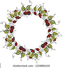 Circle border frame with green leaves and ladybugs
