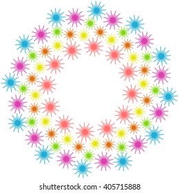 Circle border frame with many repeating colored sparkle srars isolated on the white (transparent) background. Space for invitations or different events greeting cards text. Vector illustration eps
