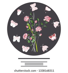 Circle border with roses and butterflies for text. Flat style clip with copy space. Greeting card, poster design element. Vector Illustration.