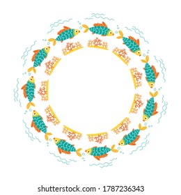 Circle border with sea fish.  Flat design. Vector illustration. Design element for greeting cart, poster, leaflet.