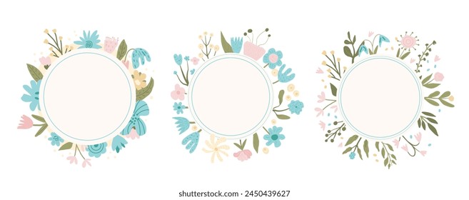 Circle border set of bouquet. Floral wreath isolated on white background. Spring flowers frame. Vector flat illustration.