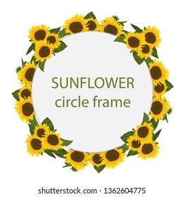 Circle border with sunflower and leaf. Sun flowers round frame. Flower crown from yellow floral and leaves illustration. Watercolor hand drawn style. Greeting card invitation decorative.