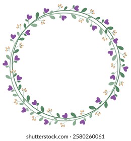 Circle Border Wreath Frame With Purple Flowers And Green Leaves Decoration