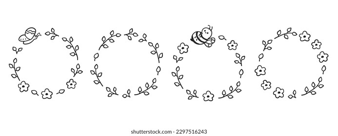 Circle borders in doodle style. Cute round frames with leaves, flowers, butterfly and bee isolated on white background. Vector illustration